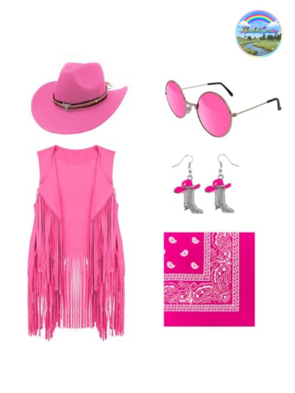 Cowgirl Costume Set Faux Suede Fringe Vest Hat Sunglasses Earrings Scarf Western